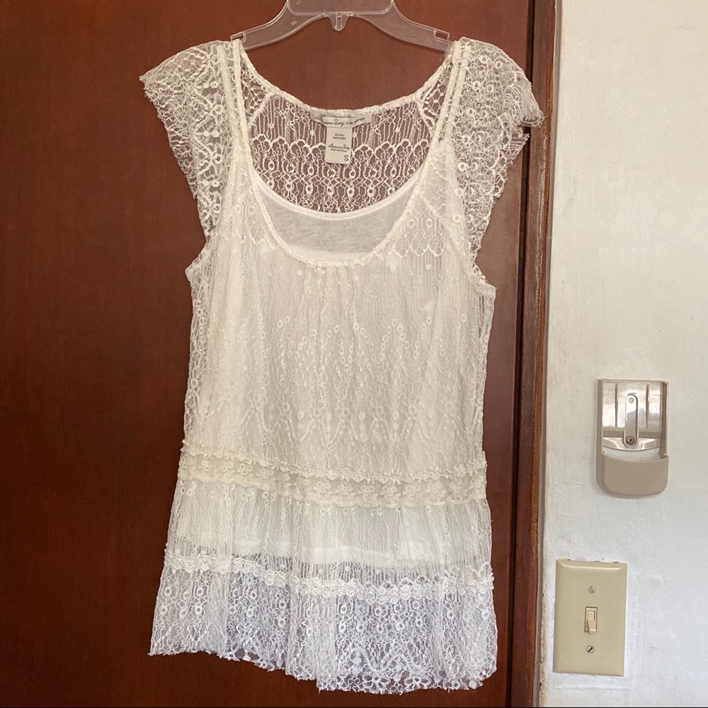White shirt with lace top layer